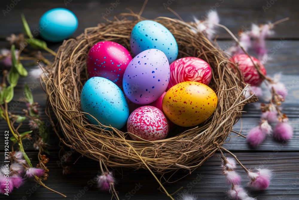 Colored eggs in a chicken nest on a wooden background. Happy Easter card. Colored eggs in a chicken nest on a wooden background. Happy Easter card.