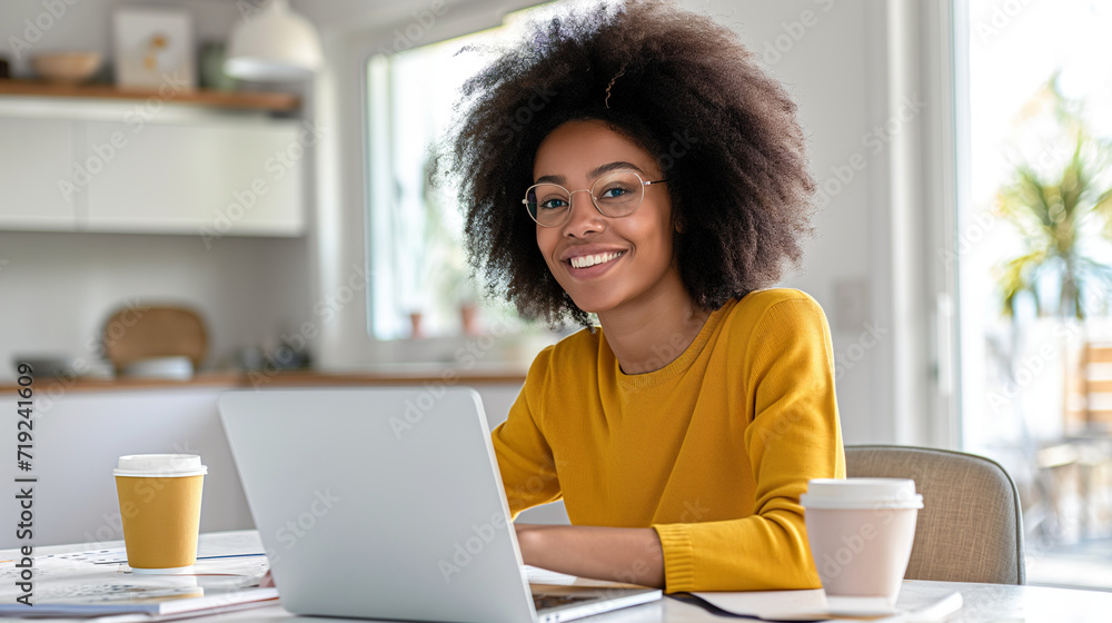 Woman Sitting at Table With Laptop Working on Project, Home Office Concept. Generative AI. Woman Sitting at Table With Laptop Working on Project, Home Office Concept. Generative AI.