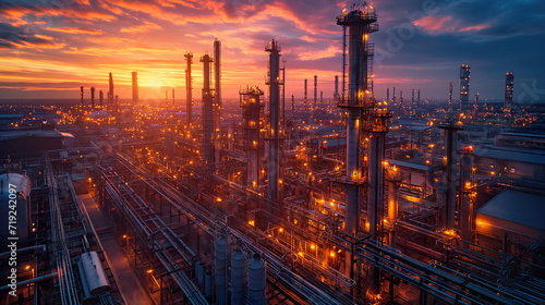 Oil Refinery at Sunset With Sky in the Background. Generative AI.