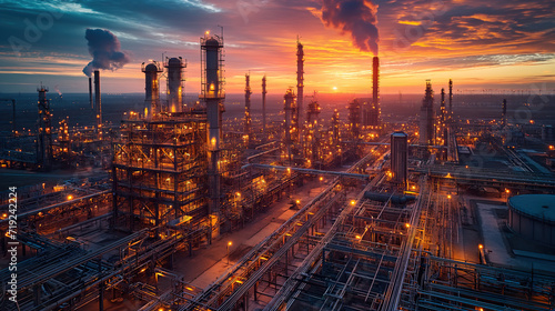 Oil Refinery With Sunset in Background - Industrial Energy Production Photo. Generative AI.