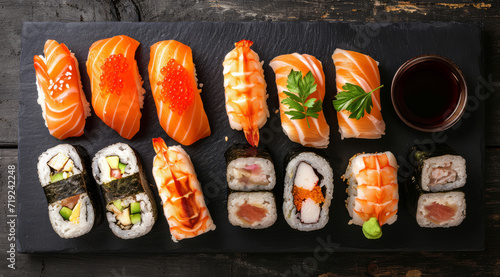 Delicious sushi platter with various rolls on slate.