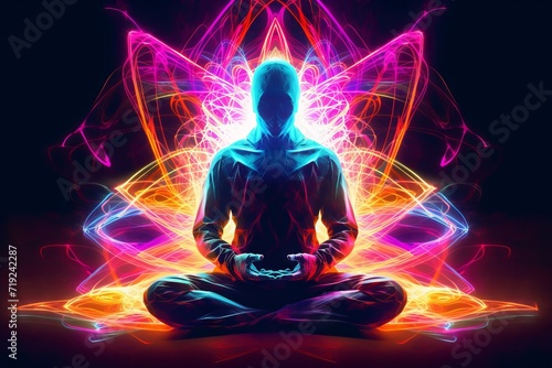 Silhouette of a man in the lotus position with a bright neon aura of energy on a black background, symbolizing meditation and chakras. Concept: spirituality, yoga and energy practice 