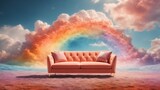 An incredible orange sofa with two cushions stands against a pink rainbow of clouds