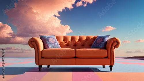 Incredible orange sofa with cushions among pink and white clouds © Oleg Sevostyanov