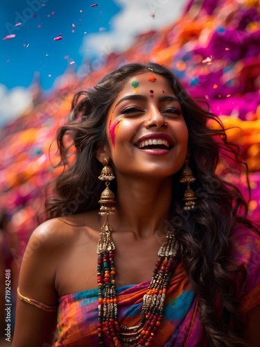 Portrait of a happy smiling girl celebrating the festival of Holi, colorful face, bright explosion of powder paint