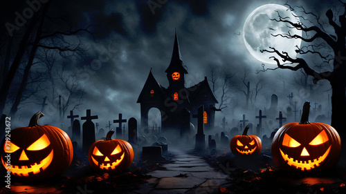 AI generated. Illustration. Pumpkins with glowing grins lie in cemetery on moonlit night. Creepy photo. Scary pumpkin. Moon in gloomy sky. Halloween card.