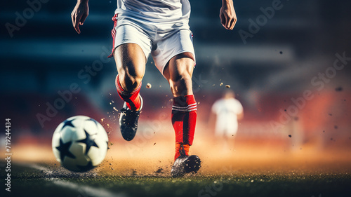 football or soccer player running fast and kicking a ball while training and playing a match at dramatic stadium shot, dynamic active pose of skill development success in sports wide banner © bahija