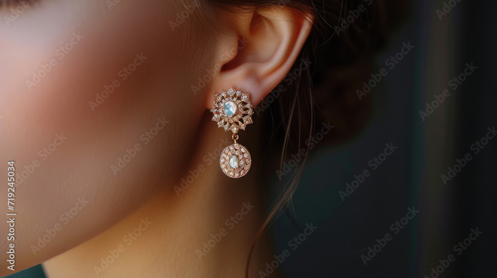 Beautiful earrings with rhinestones in the girl's ear