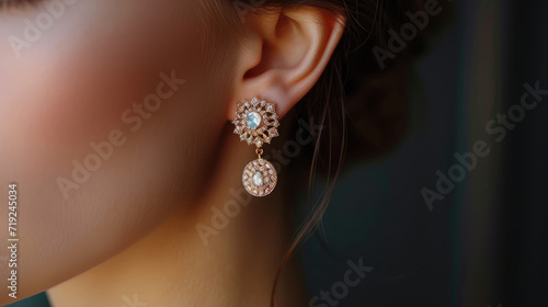Beautiful earrings with rhinestones in the girl's ear