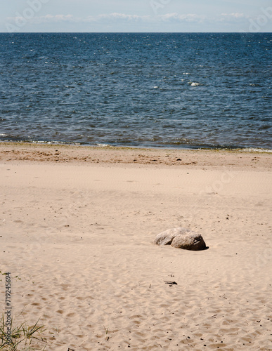The sandy coast of the Baltic Sea and a large stone in the sand, selective focus.