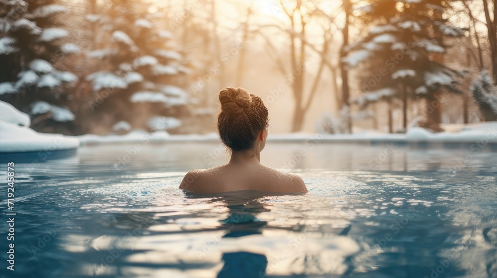 Beautiful young woman relaxing in hot outdoor swimming pool in the winter. Beautiful young woman relaxing in hot outdoor swimming pool in the winter.