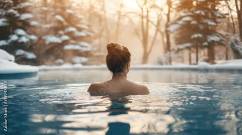 Beautiful young woman relaxing in hot outdoor swimming pool in the winter.