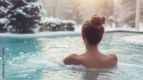 Young woman relaxing in hoy outdoor swimming pool at winter time, back view © Petrova-Apostolova