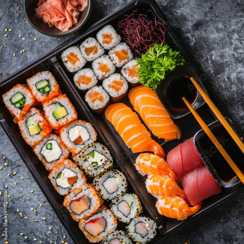 Bright sushi arrangement on a dark natural background.
