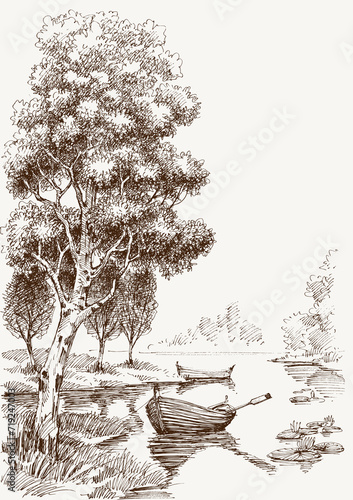Boats on calm water, on lake in the forest vector hand drawing