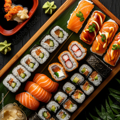 Bright sushi arrangement on a dark plate.