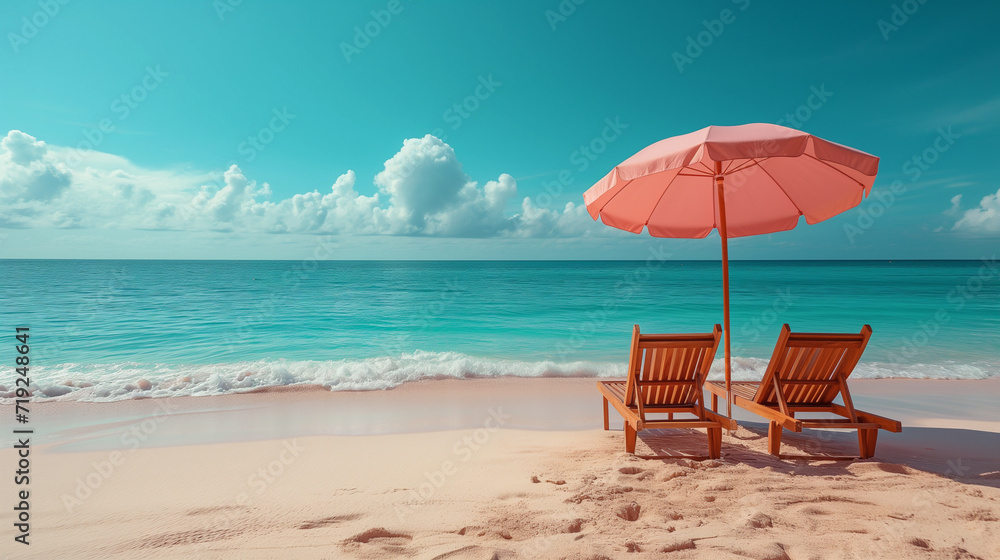 Two deckchairs under a pink umbrella at the beach.