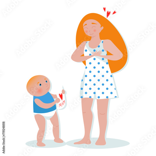 Kid gives the drawing to his mother. Cute cartoon vector illustration on white background. Ideal for greeting card for International Women's Day 8 March, Valentine's day or Mother Day 