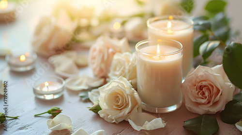 Candle aromatherapy with white roses at the spa  comfortable. 