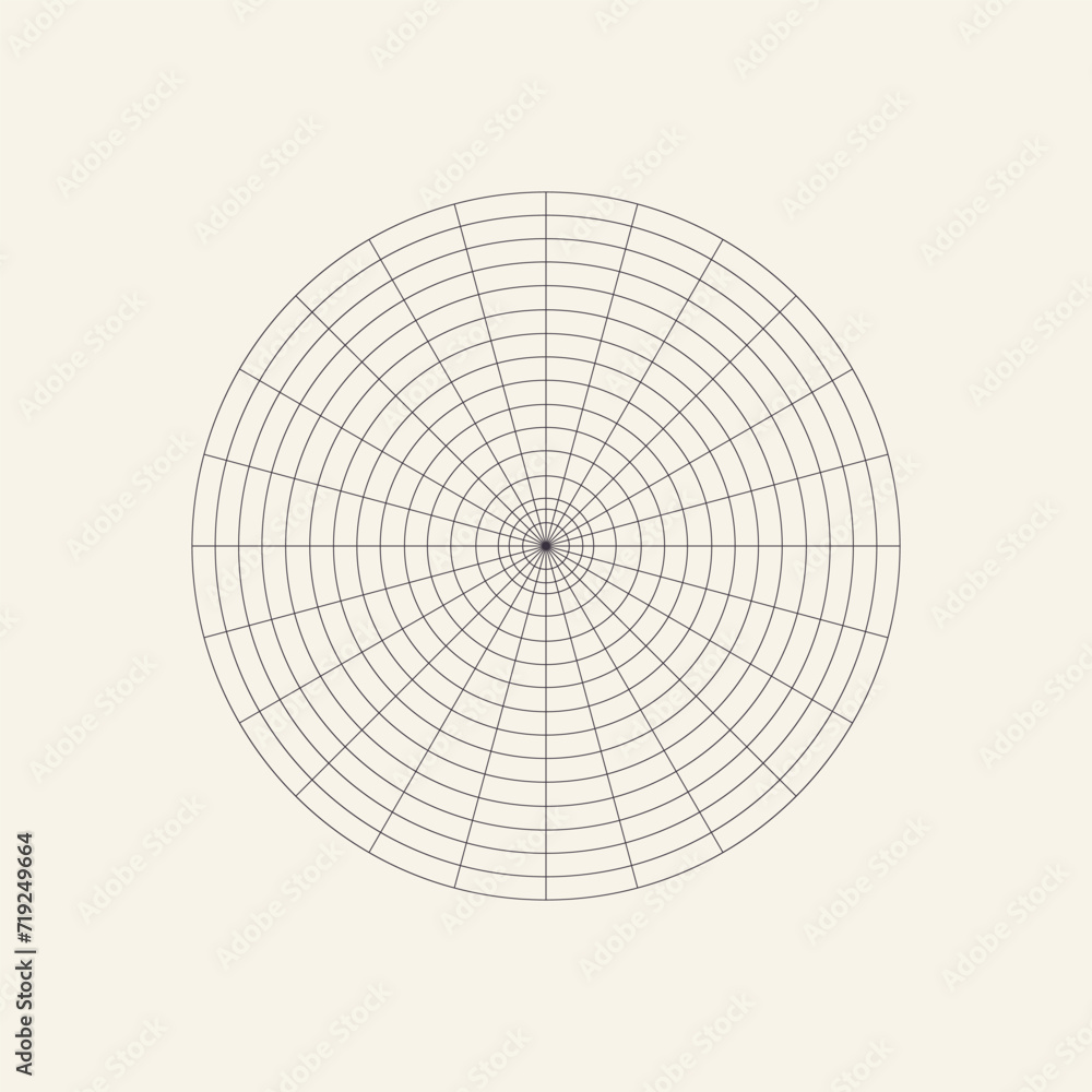 Polar coordinate circular grid isolated on white background. 360 degrees scale. Blank polar graph paper. Vector illustration. Mathematical graph. Lined blank on transparent background - obrazy, fototapety, plakaty 
