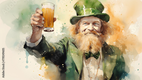 Irish leprechaun in watercolor celebrating St. Patrick's Day. Beer and shamrocks. photo