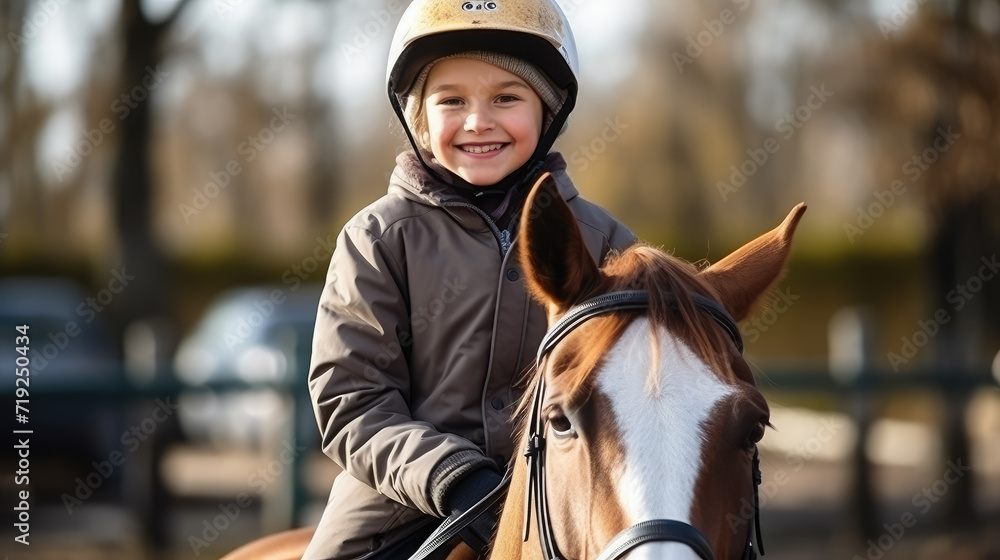 Obraz premium a child in a jockey's uniform rides a horse, horse riding, boy, girl, kid, hippodrome, rider, equestrian, horse racing, stable, sport, dressage, animal, saddle, helmet, training, nature