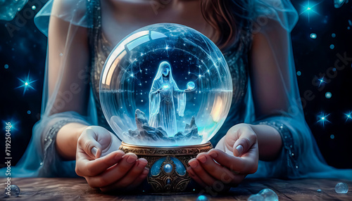 A beautiful mysterious fortune teller with piercing eyes predicts fate on a magic ball © abrilla