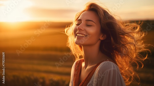 Beautiful carefree woman in fields being happy outdoors. Neural network AI generated art