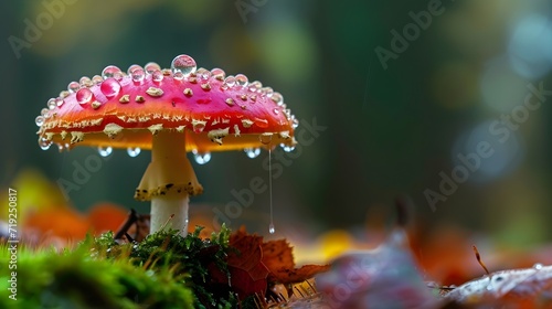 Water drop on beautiful mushroom. Text space on right.
