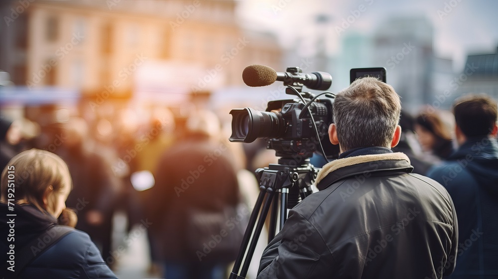 A close-up of a reporter getting ready for their interview. A close-up of a reporter getting ready for their interview.