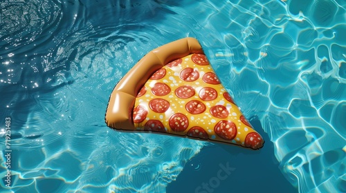 Inflatable mattress shaped like a slice of pizza floating in swimming pool. Top view. photo