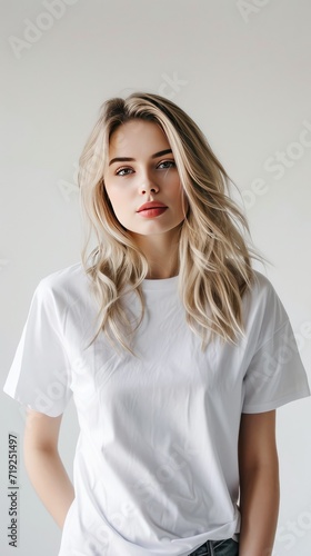 a young blonde woman wearing a plain white t-shirt mockup