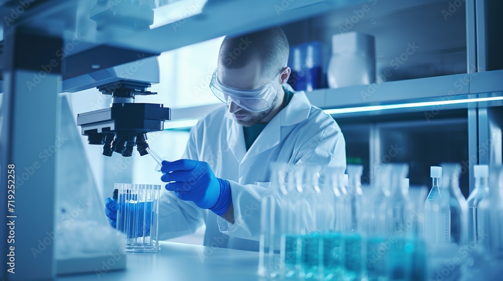 A micropipette is being used by the chemist to inject liquid into a test tube in a modern-equipped laboratory. A micropipette is being used by the chemist to inject liquid into a test tube in a modern-equipped laboratory.