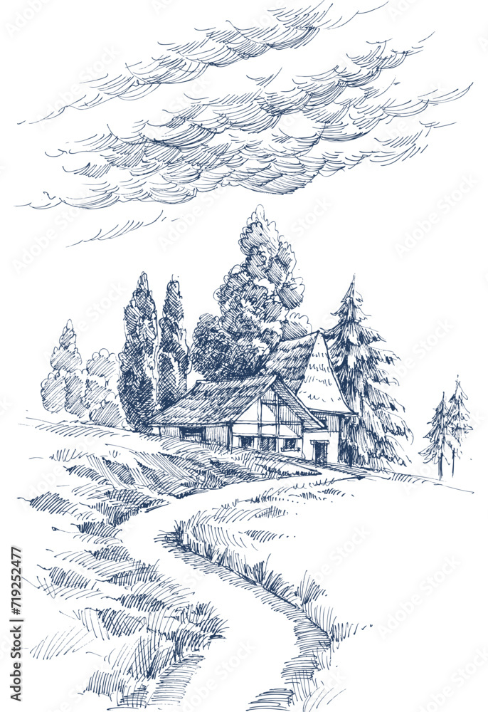 Alpine sketch. Mountain wooden house, pine tree forest hand drawing ...