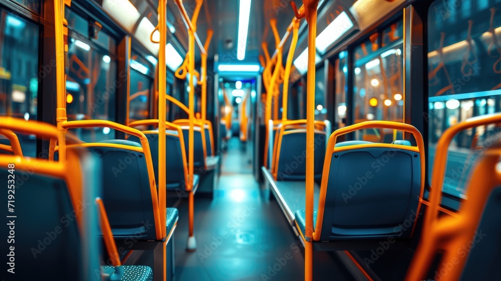 Interior of a modern empty bus at night with yellow and orange seats Interior of a modern empty bus at night with yellow and orange seats