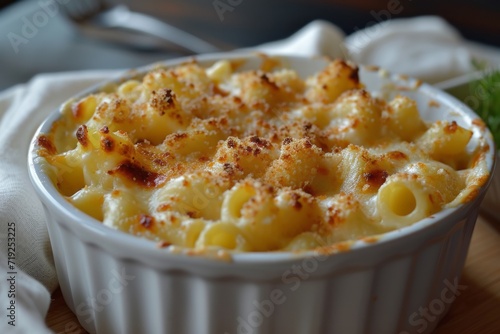 Close-up of Mac'n'Cheese in a ceramic baking dish on wooden kitchen table. Macaroni and cheese, American style baked macaroni pasta with cheesy sauce.