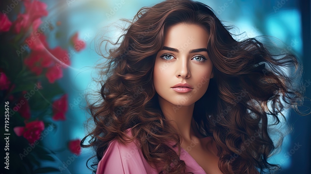 Beautiful female face with powerful silky hair and chic hairstyle. Perfect image of a beautiful brunette woman. Feminine image of natural beauty. Illustration for beauty and fashion magazine. Beautiful female face with powerful silky hair and chic hairstyle. Perfect image of a beautiful brunette woman. Feminine image of natural beauty. Illustration for beauty and fashion magazine.