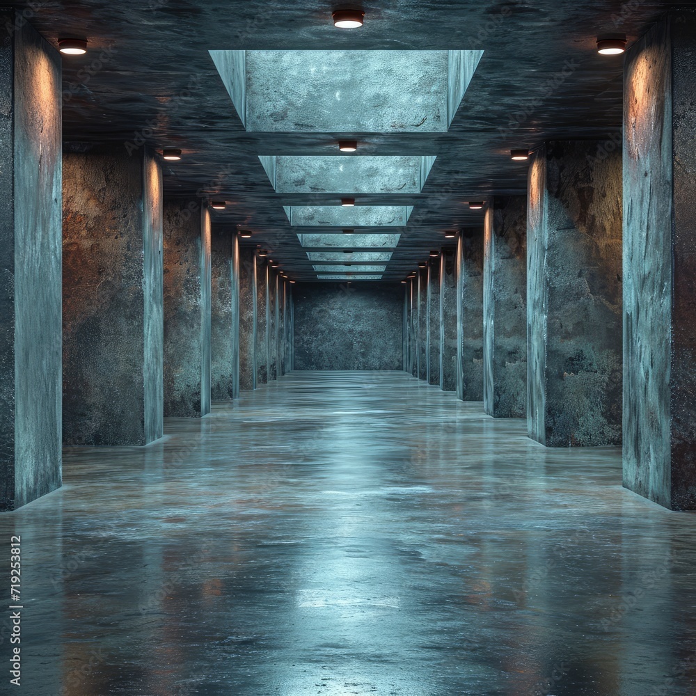 Dark Basement Empty Room Interior Concrete, 3d  illustration