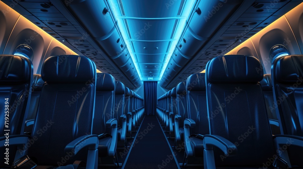 Fototapeta premium Empty airplane interior with seats and seats in blue tones