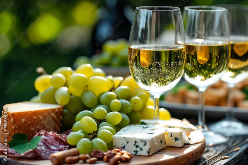 Cheese and fruit platter and white wine on a table. White grape, assorted organic cheese, salami and nuts on wooden board. Delicious starter for romantic dinner.