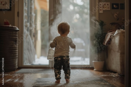 Rear view of a toddler playing with a powder bottle and making a mess. Toddler playing with baby powder. Babies make a mess in the house