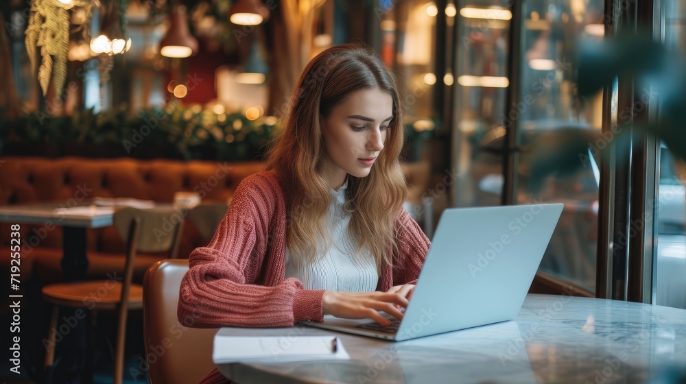 Beautiful young woman using laptop computer while sitting in a cafe. Freelance business concept.