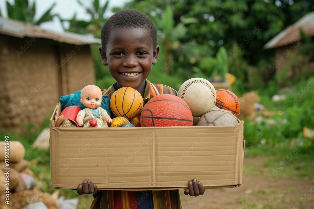 Fototapeta premium A happy boy stands holding a donation box full of donated items, including dolls, basketballs, baseball bats, clothes