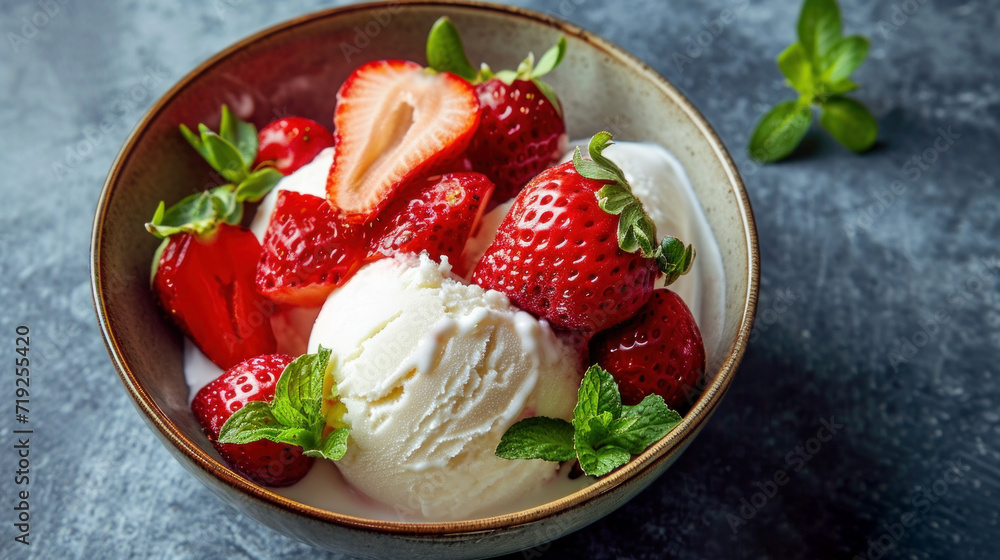 strawberry ice cream and juicy strawberries, creating a visually appealing and appetizing dessert scene strawberry ice cream and juicy strawberries, creating a visually appealing and appetizing dessert scene