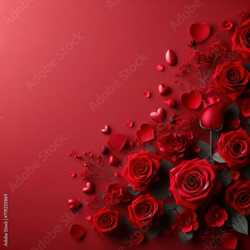 Red Roses on red background and wallpaper copy space use for valentine s day concept