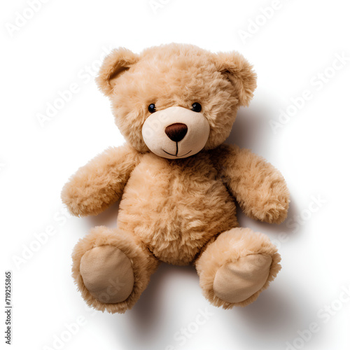 Brown teddy bear. Plain white background.