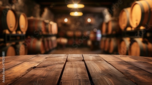 Wooden table for displaying products on the background of a large wine cellar, wine barrels.