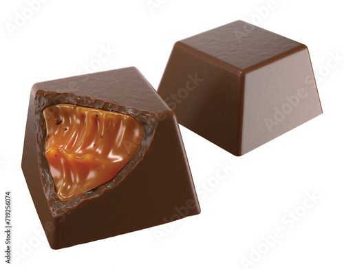 Luxury Chocolate pieces with Caramel filling. 3d illustration. Isolated background