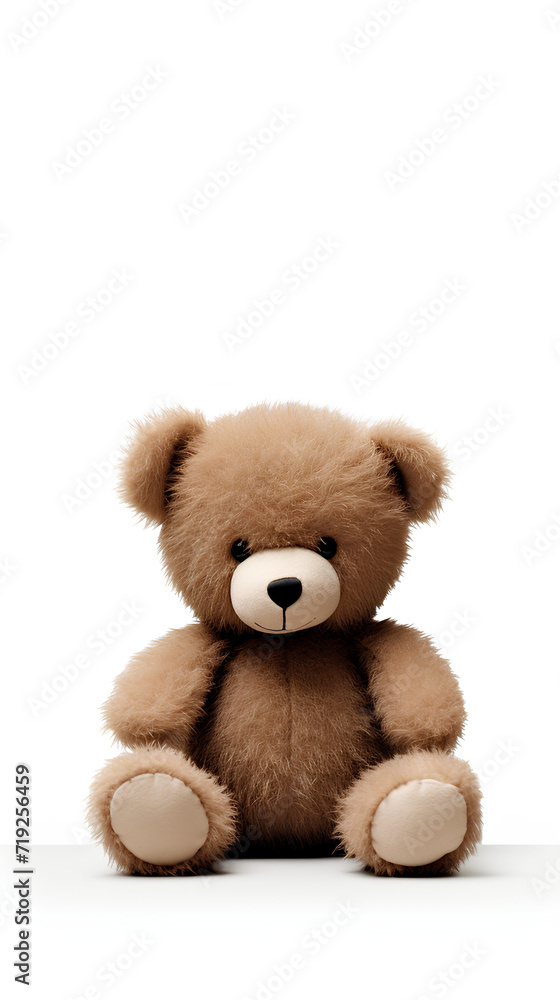 Brown teddy bear. Plain white background.