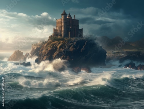 Gothic Castle Amidst Stormy Seas Digital Artwork